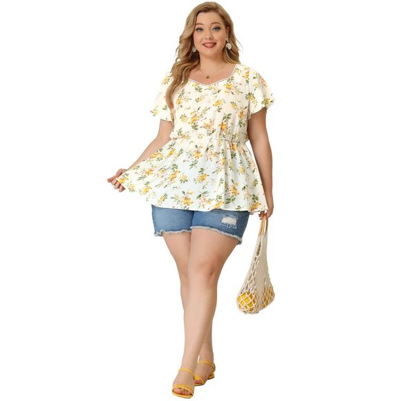 Plus Size Peplum Tops Women Flare Sleeve Sweetheart Neck Floral Blouses White - Picture 3 of 6